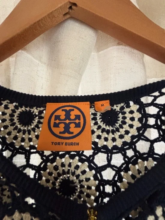 Tory Burch Navy and Cream Floral Zip Cardigan - Picture 3 of 10